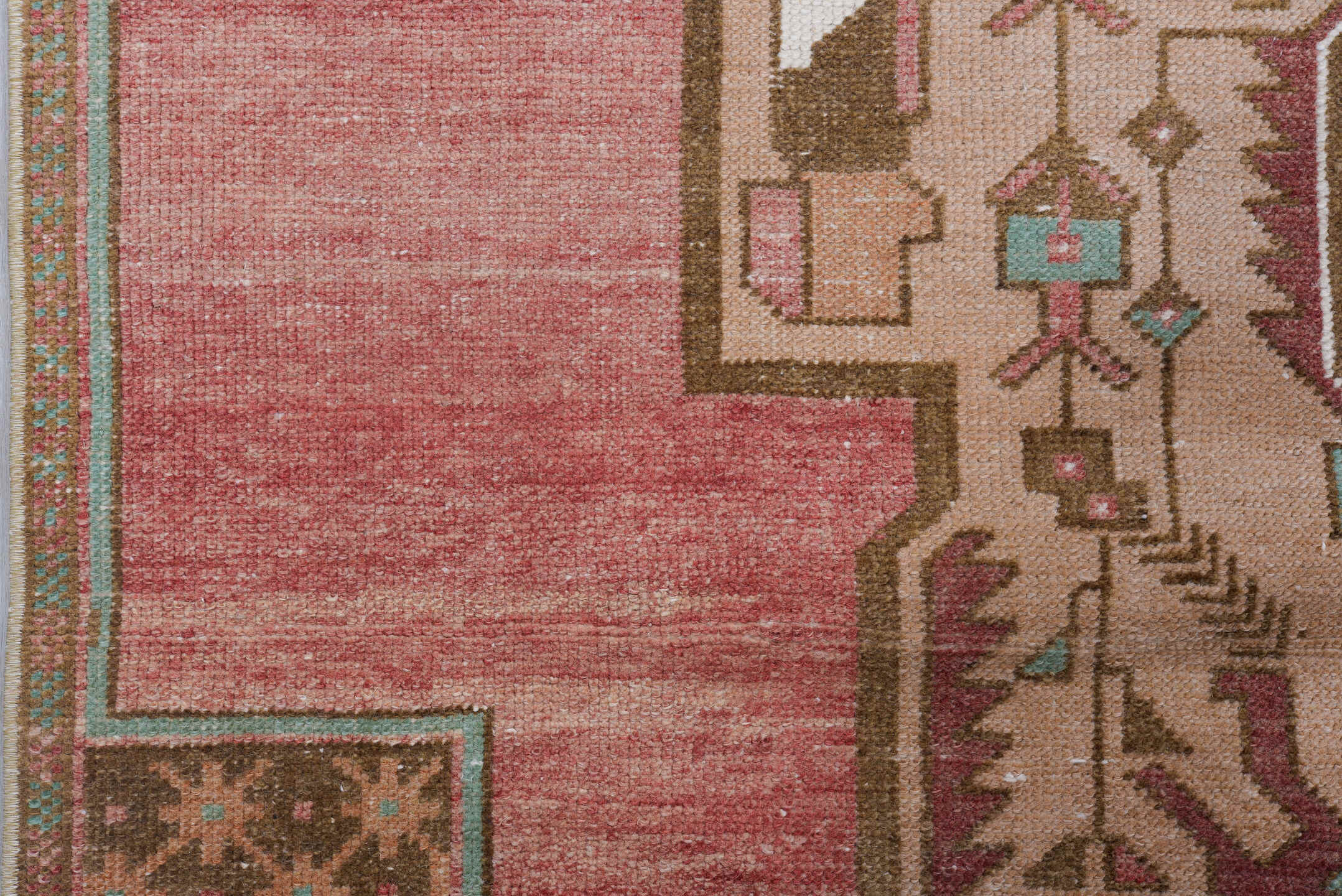 3' x 8' one-of-a-kind handmade vintage Oushak runner rug. Color palette: rose, brown, ivory, taupe, teal, rust, pink, red