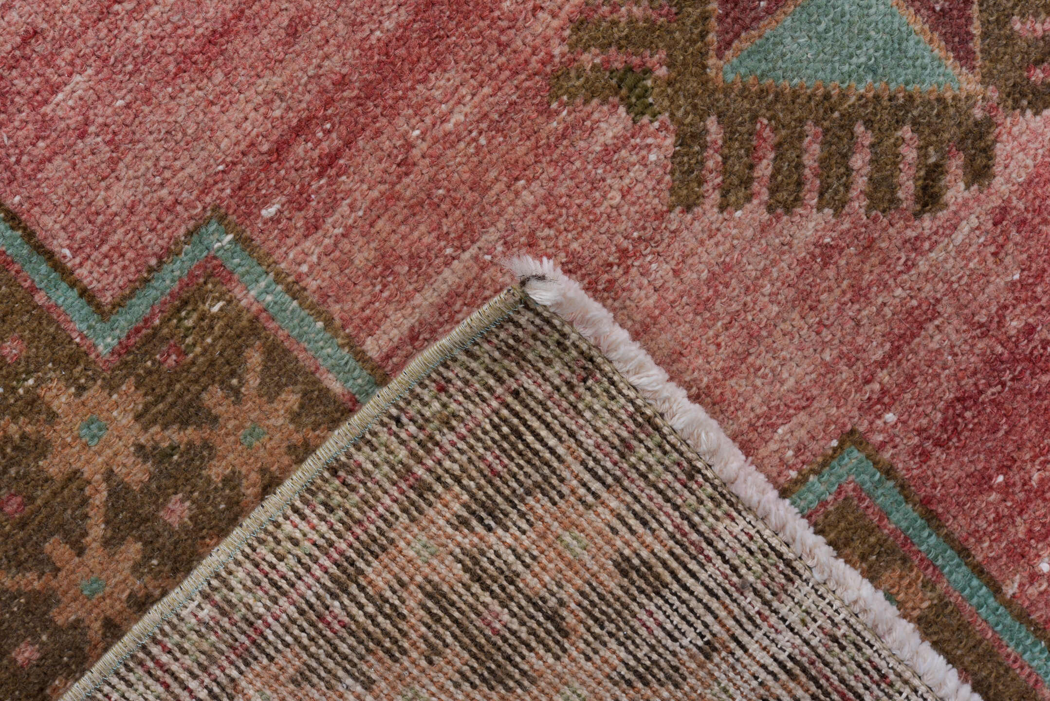 3' x 8' one-of-a-kind handmade vintage Oushak runner rug. Color palette: rose, brown, ivory, taupe, teal, rust, pink, red