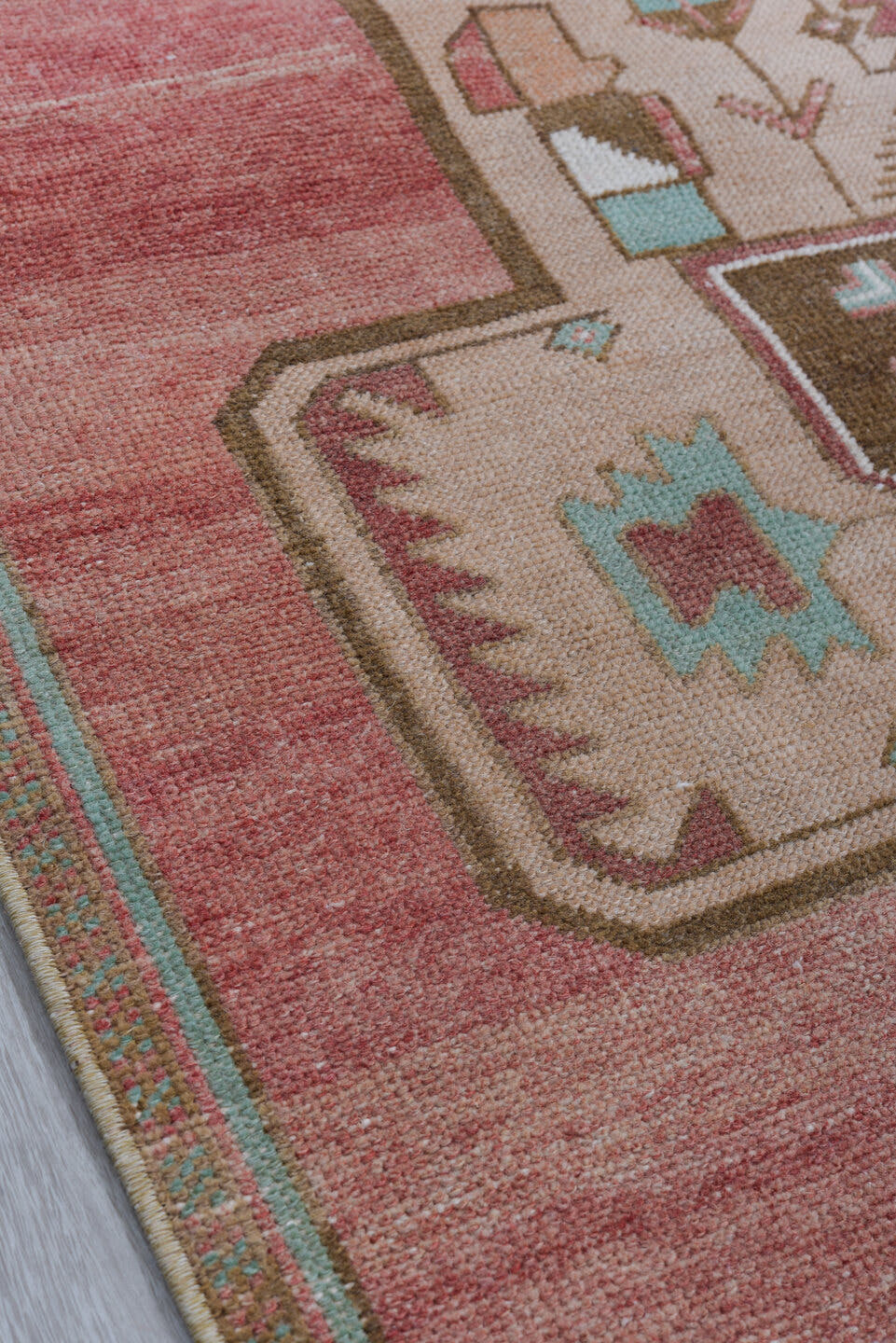 3' x 8' one-of-a-kind handmade vintage Oushak runner rug. Color palette: rose, brown, ivory, taupe, teal, rust, pink, red