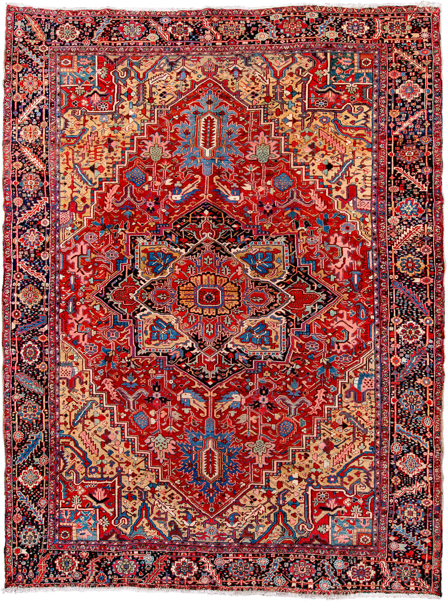11' x 14' one-of-a-kind handmade vintage Heriz oversize rug. Color palette: red, navy, ivory, sky blue, coral, camel, pink