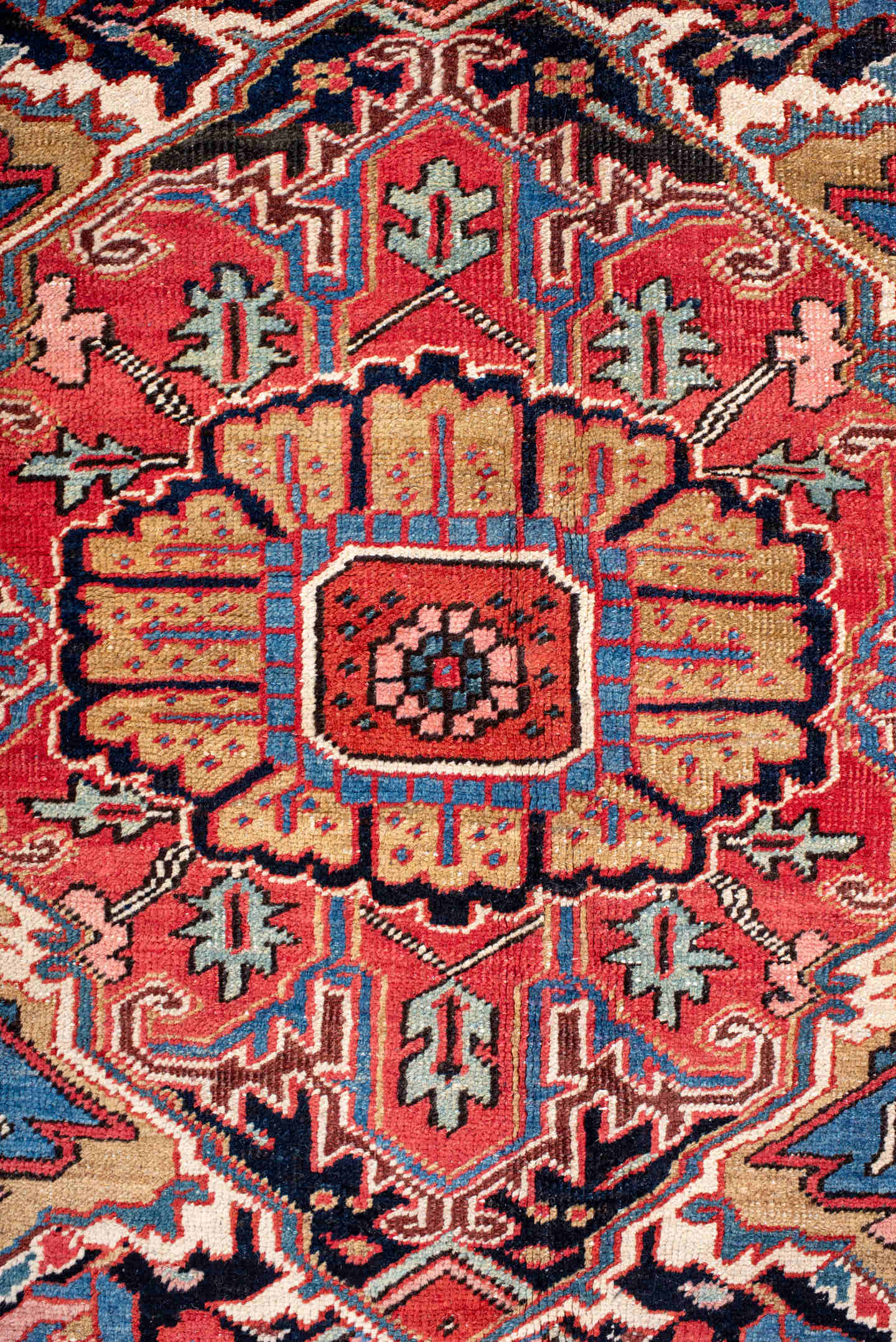 11' x 14' one-of-a-kind handmade vintage Heriz oversize rug. Color palette: red, navy, ivory, sky blue, coral, camel, pink