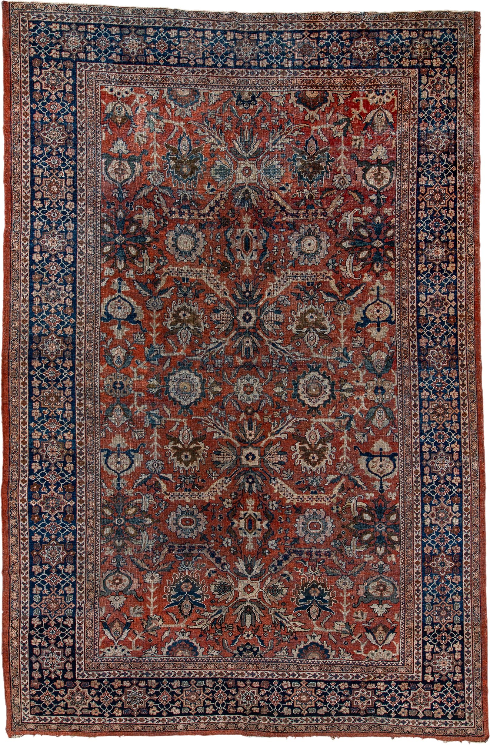 12' x 18' one-of-a-kind handmade antique Sultanabad oversize rug. Color palette: terra cotta, navy, ivory, slate, rust