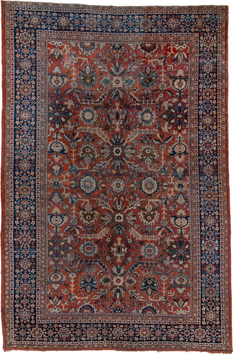 12' x 18' one-of-a-kind handmade antique Sultanabad oversize rug. Color palette: terra cotta, navy, ivory, slate, rust