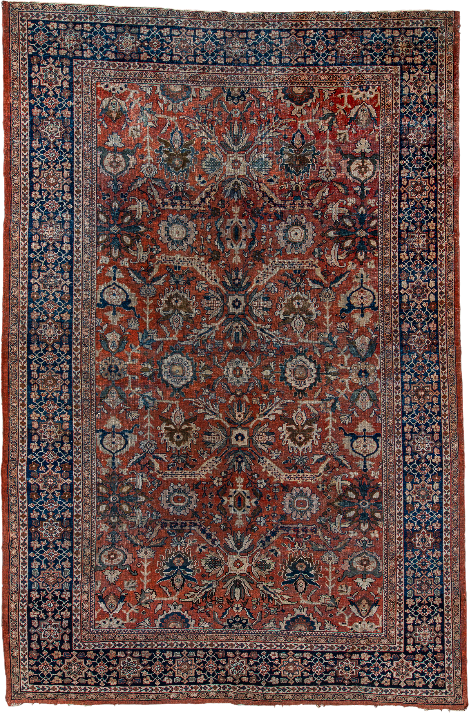 12' x 18' one-of-a-kind handmade antique Sultanabad oversize rug. Color palette: terra cotta, navy, ivory, slate, rust