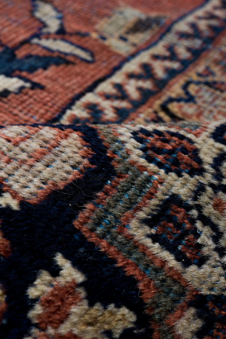 12' x 18' one-of-a-kind handmade antique Sultanabad oversize rug. Color palette: terra cotta, navy, ivory, slate, rust
