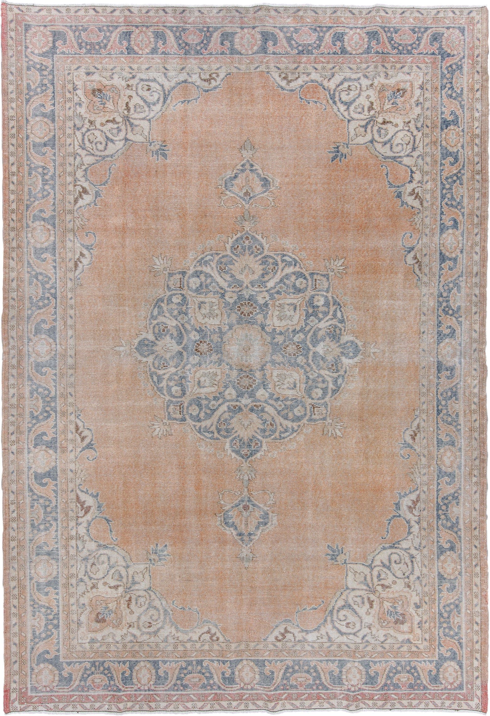 7' x 10' one-of-a-kind handmade antique Sparta large size rug. Color palette: apricot, dusty blue, ivory, rose, taupe, beige