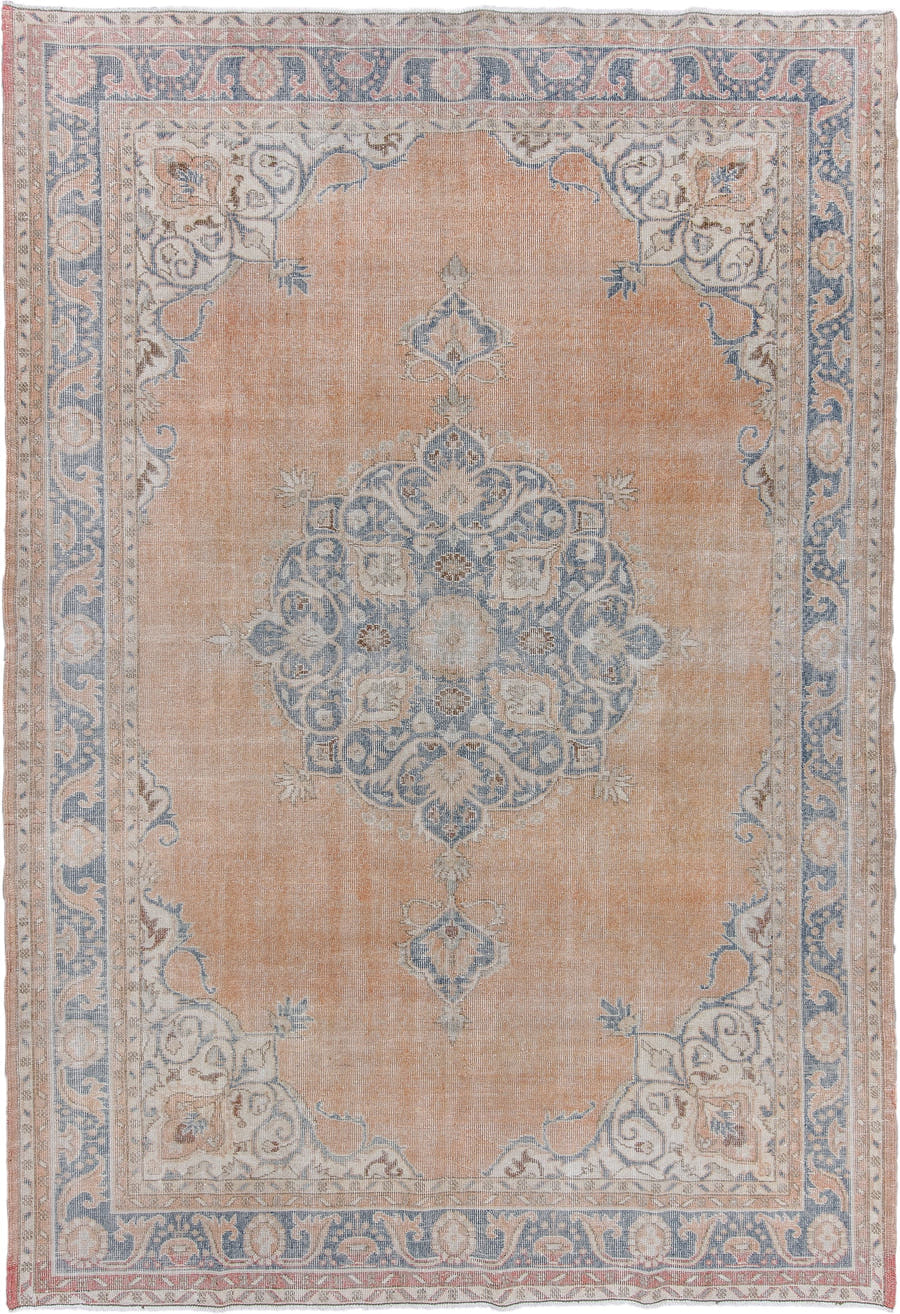 7' x 10' one-of-a-kind handmade antique Sparta large size rug. Color palette: apricot, dusty blue, ivory, rose, taupe, beige