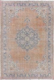 7' x 10' one-of-a-kind handmade antique Sparta large size rug. Color palette: apricot, dusty blue, ivory, rose, taupe, beige