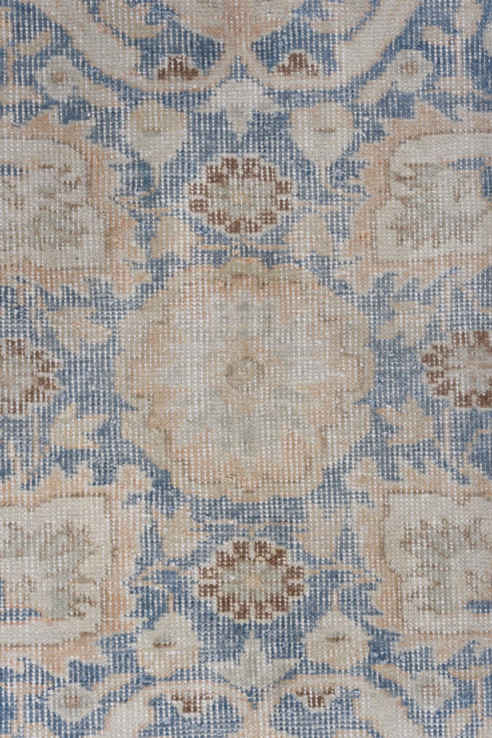 7' x 10' one-of-a-kind handmade antique Sparta large size rug. Color palette: apricot, dusty blue, ivory, rose, taupe, beige