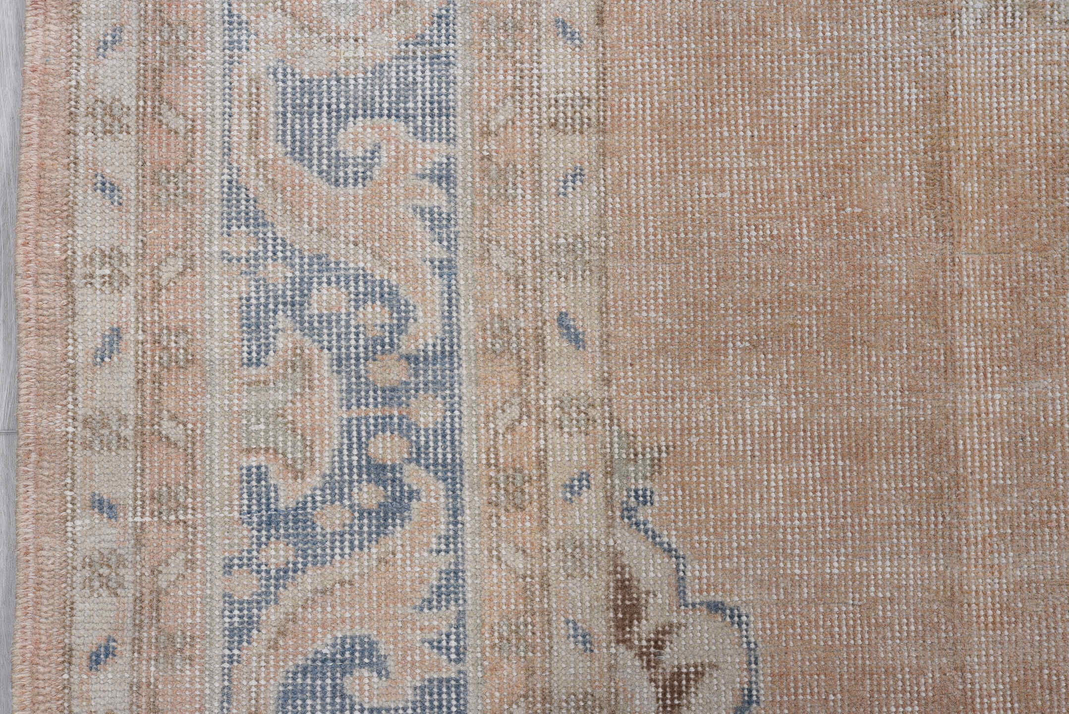 7' x 10' one-of-a-kind handmade antique Sparta large size rug. Color palette: apricot, dusty blue, ivory, rose, taupe, beige