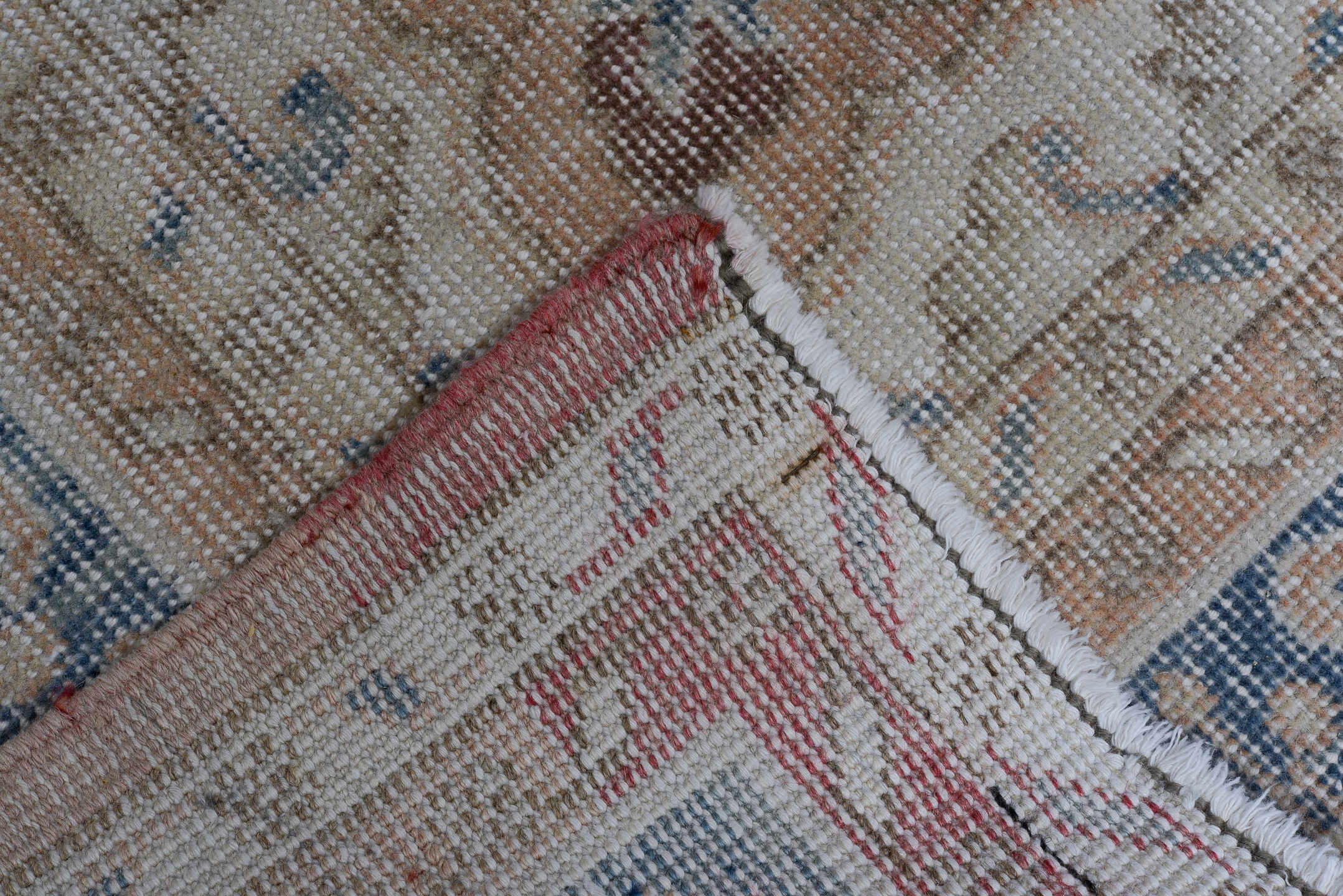 7' x 10' one-of-a-kind handmade antique Sparta large size rug. Color palette: apricot, dusty blue, ivory, rose, taupe, beige