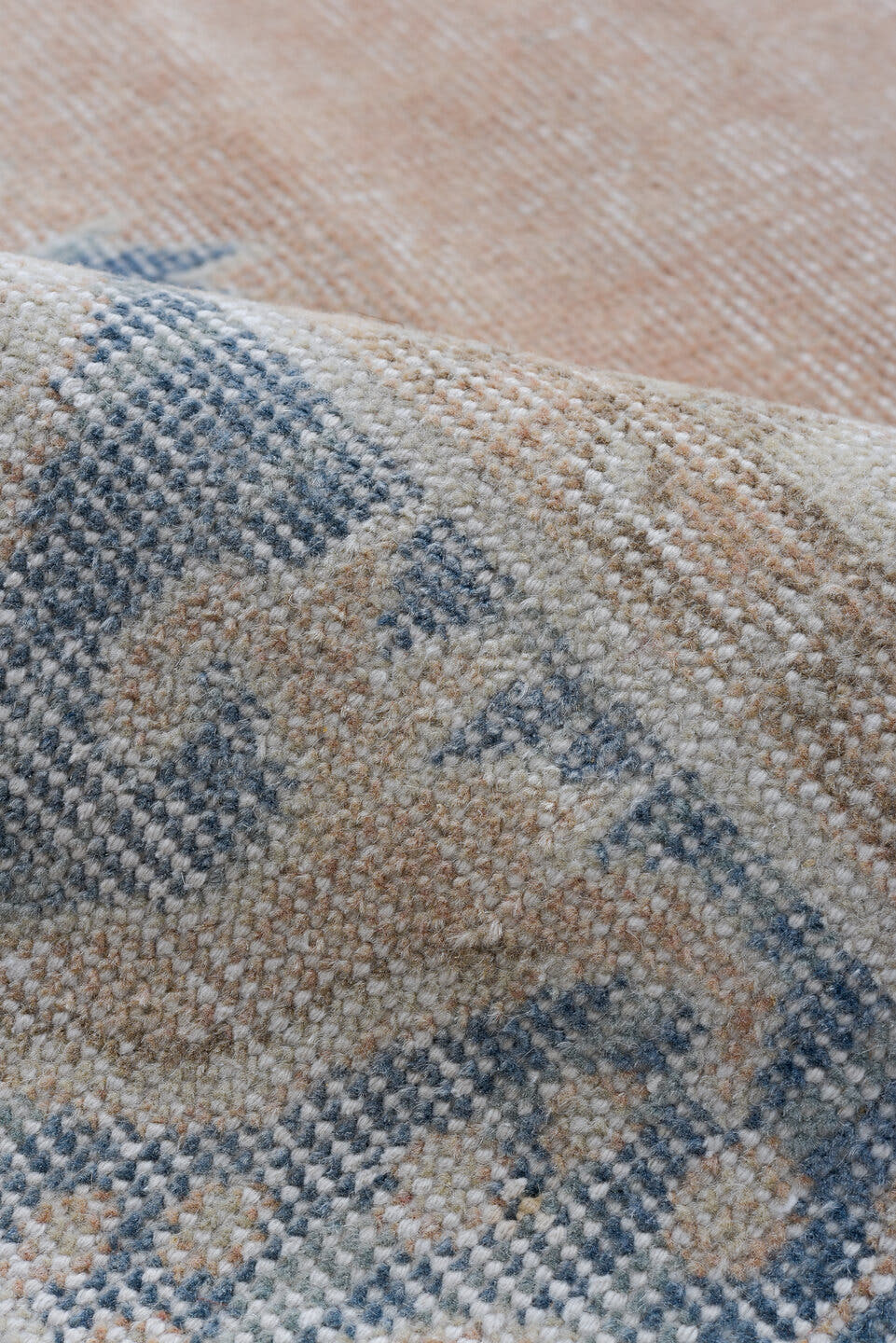 7' x 10' one-of-a-kind handmade antique Sparta large size rug. Color palette: apricot, dusty blue, ivory, rose, taupe, beige