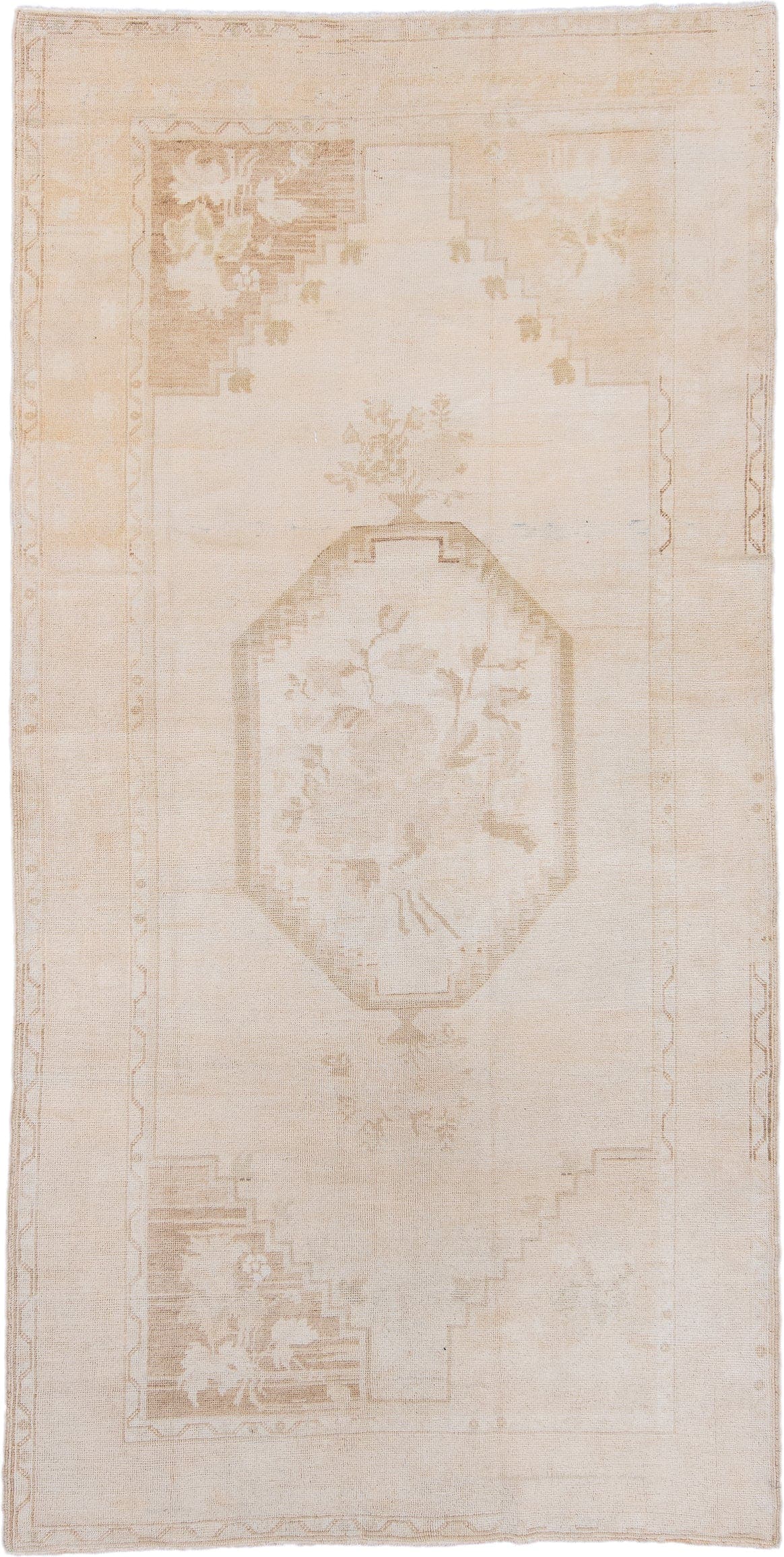 4' x 9' one-of-a-kind handmade vintage Oushak runner rug. Color palette: ivory, cream, sand, beige, taupe, gray