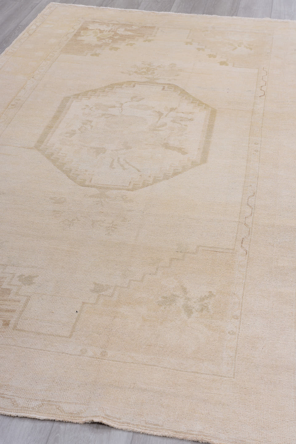 4' x 9' one-of-a-kind handmade vintage Oushak runner rug. Color palette: ivory, cream, sand, beige, taupe, gray