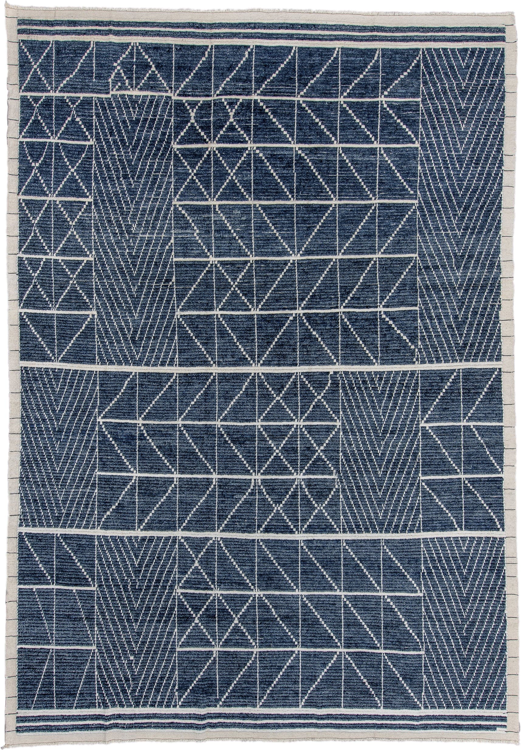 9' x 13' one-of-a-kind handmade vintage Tulu large size rug. Color palette: indigo, ivory, slate, purple, gray
