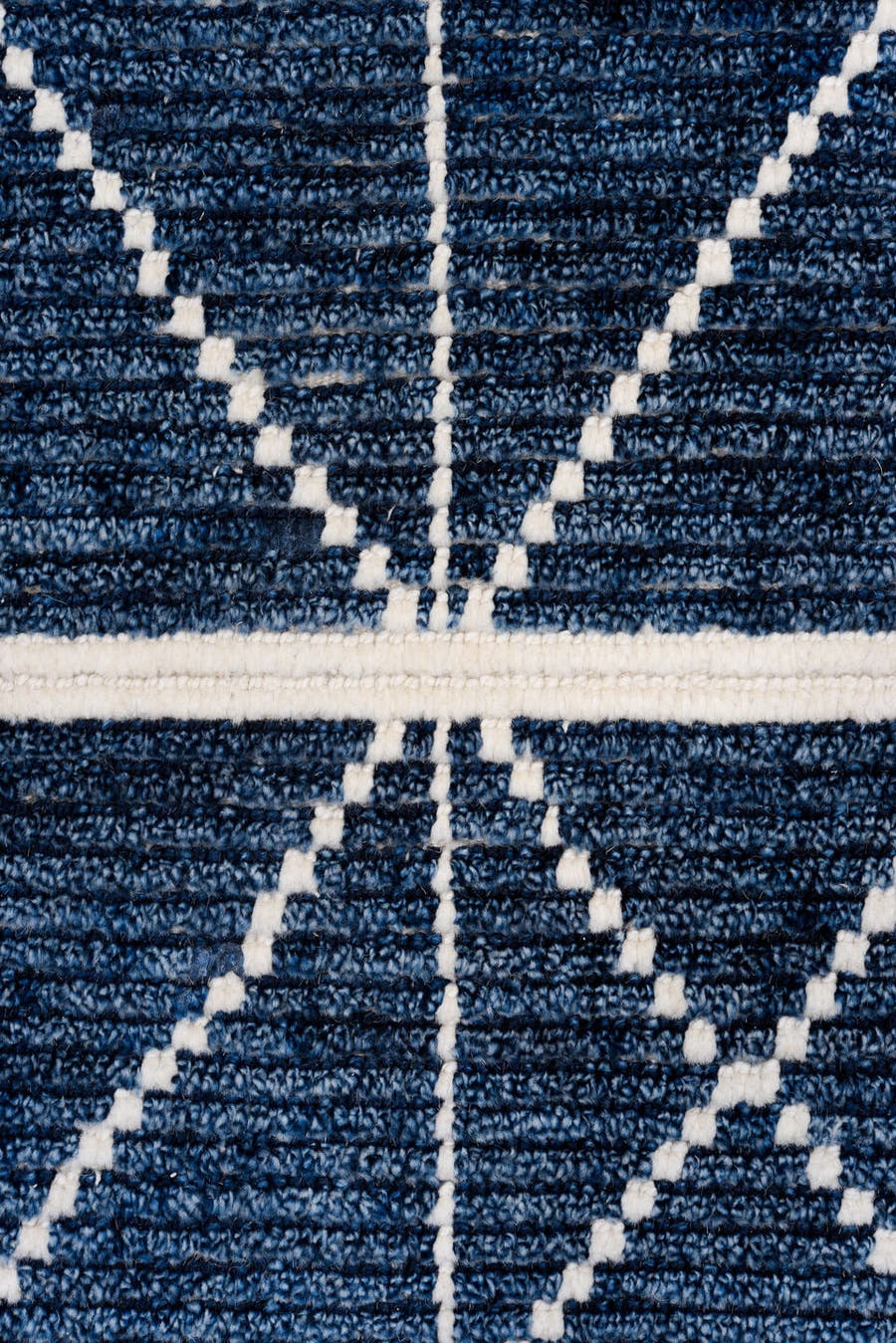 9' x 13' one-of-a-kind handmade vintage Tulu large size rug. Color palette: indigo, ivory, slate, purple, gray