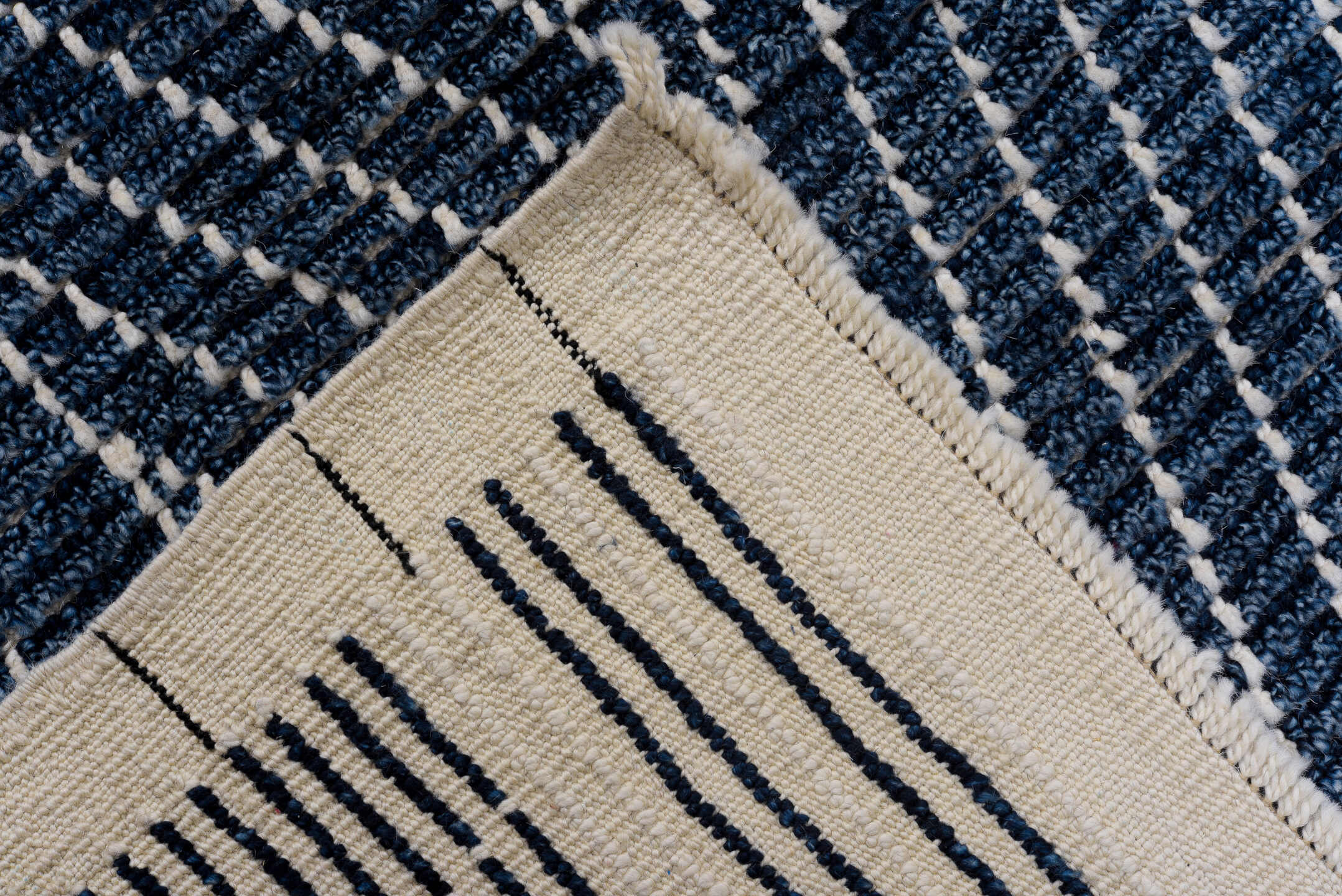 9' x 13' one-of-a-kind handmade vintage Tulu large size rug. Color palette: indigo, ivory, slate, purple, gray
