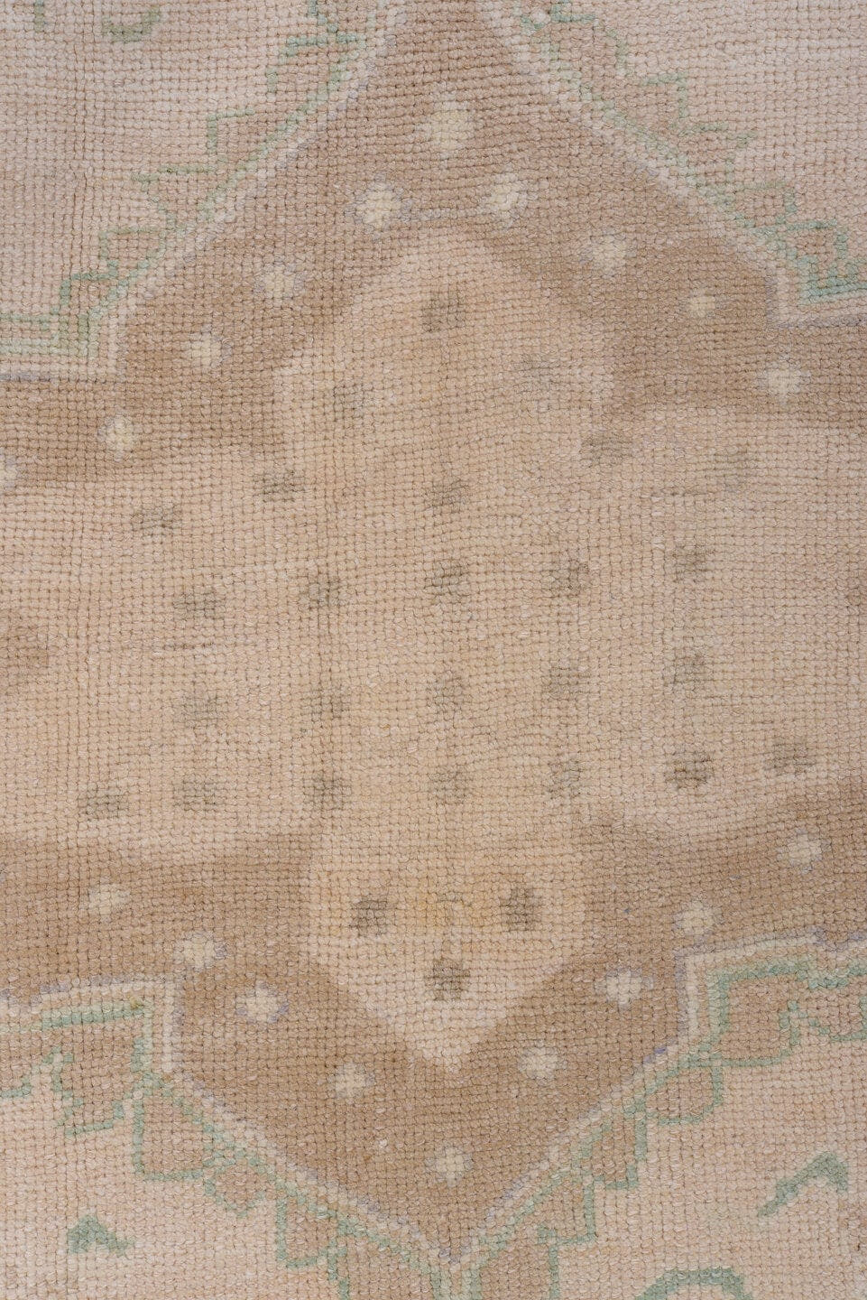 4' x 7' one-of-a-kind handmade vintage Oushak rug. Color palette: beige, taupe, ivory, pale_aqua, sand, camel, gray, teal