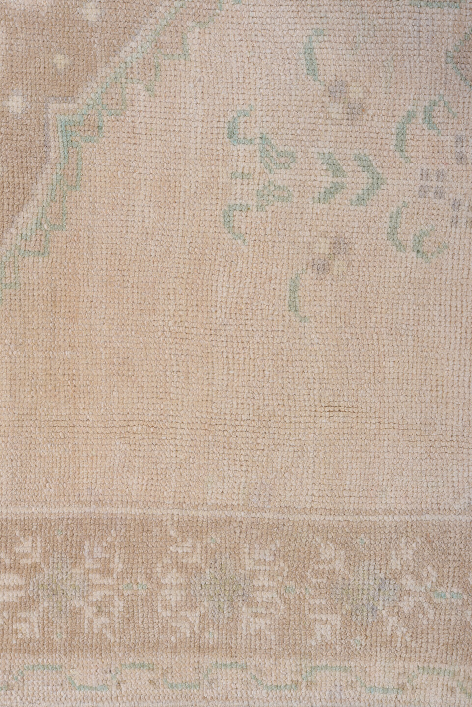4' x 7' one-of-a-kind handmade vintage Oushak rug. Color palette: beige, taupe, ivory, pale_aqua, sand, camel, gray, teal