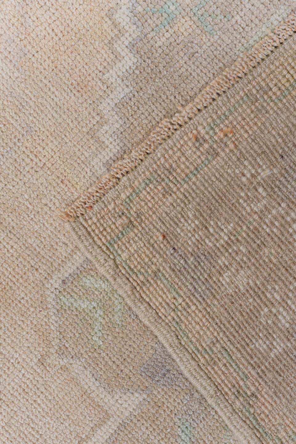 4' x 7' one-of-a-kind handmade vintage Oushak rug. Color palette: beige, taupe, ivory, pale_aqua, sand, camel, gray, teal