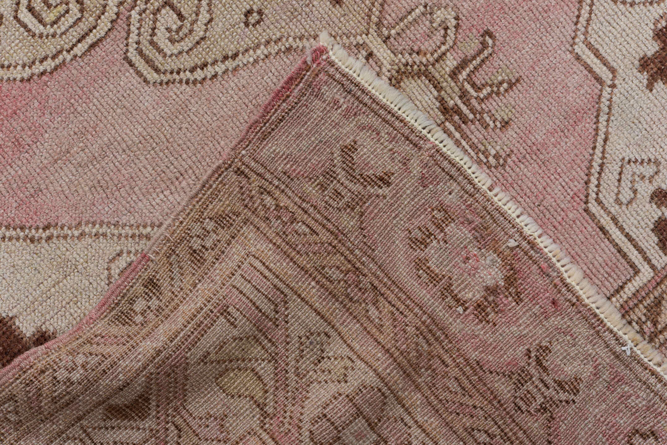 3' x 10' one-of-a-kind handmade vintage Oushak runner rug. Color palette: brown, gray, light gray, off-white, orange, pink