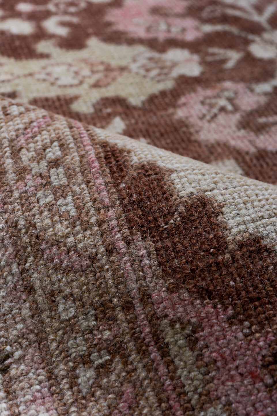 3' x 10' one-of-a-kind handmade vintage Oushak runner rug. Color palette: brown, gray, light gray, off-white, orange, pink