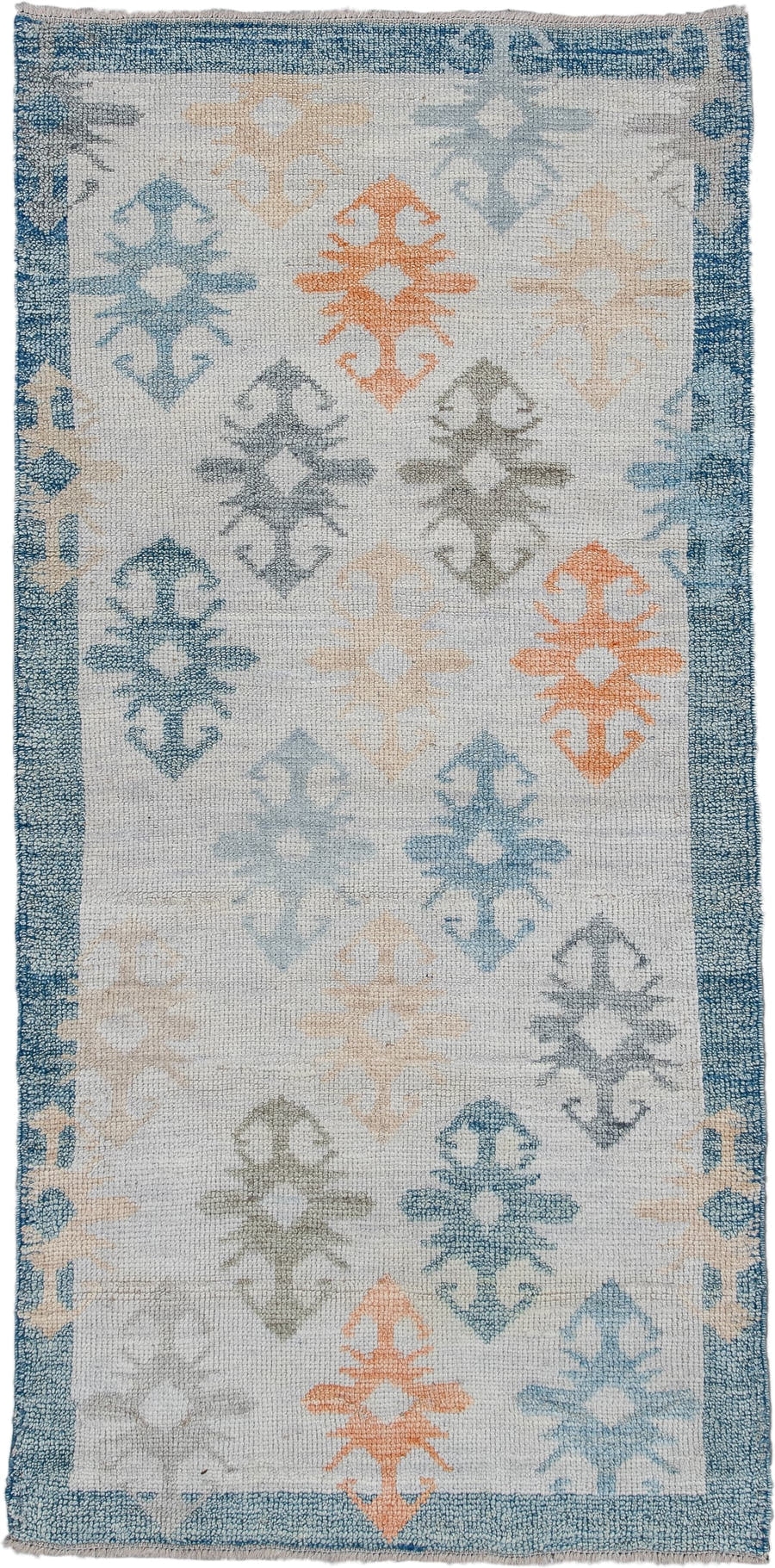 2' x 5' one-of-a-kind handmade vintage Oushak small size rug. Color palette: ivory, sky blue, slate blue, apricot