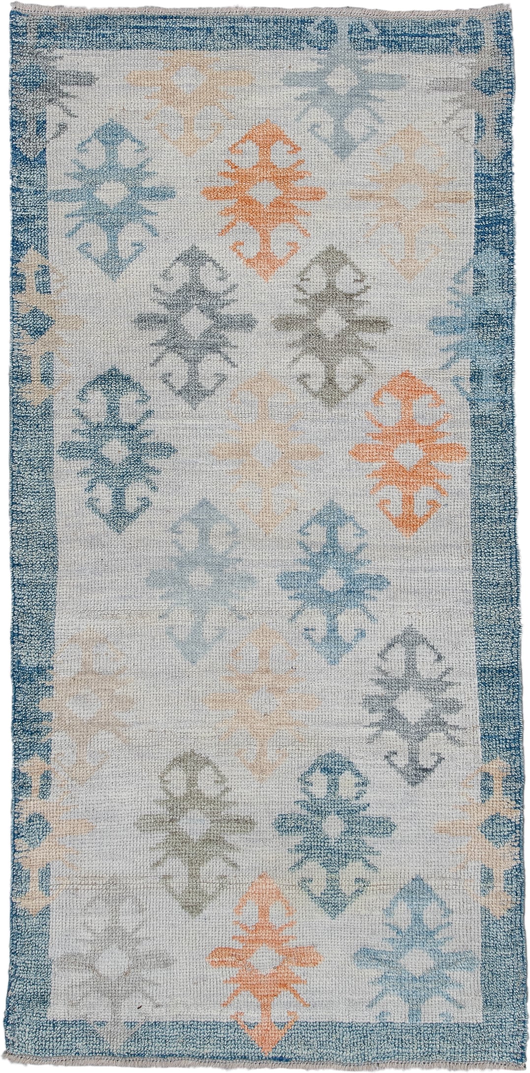 2' x 5' one-of-a-kind handmade vintage Oushak small size rug. Color palette: ivory, sky blue, slate blue, apricot