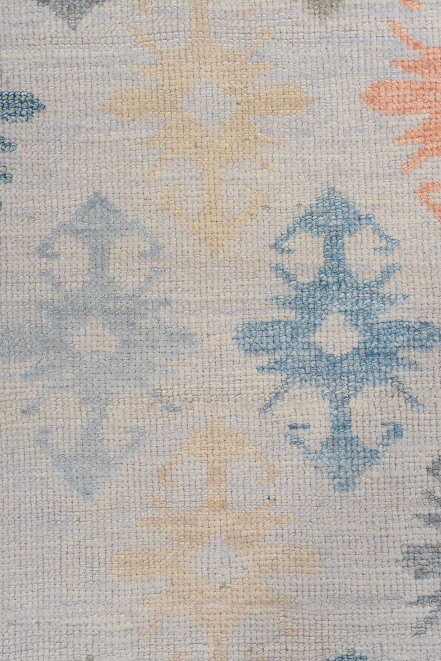 2' x 5' one-of-a-kind handmade vintage Oushak small size rug. Color palette: ivory, sky blue, slate blue, apricot