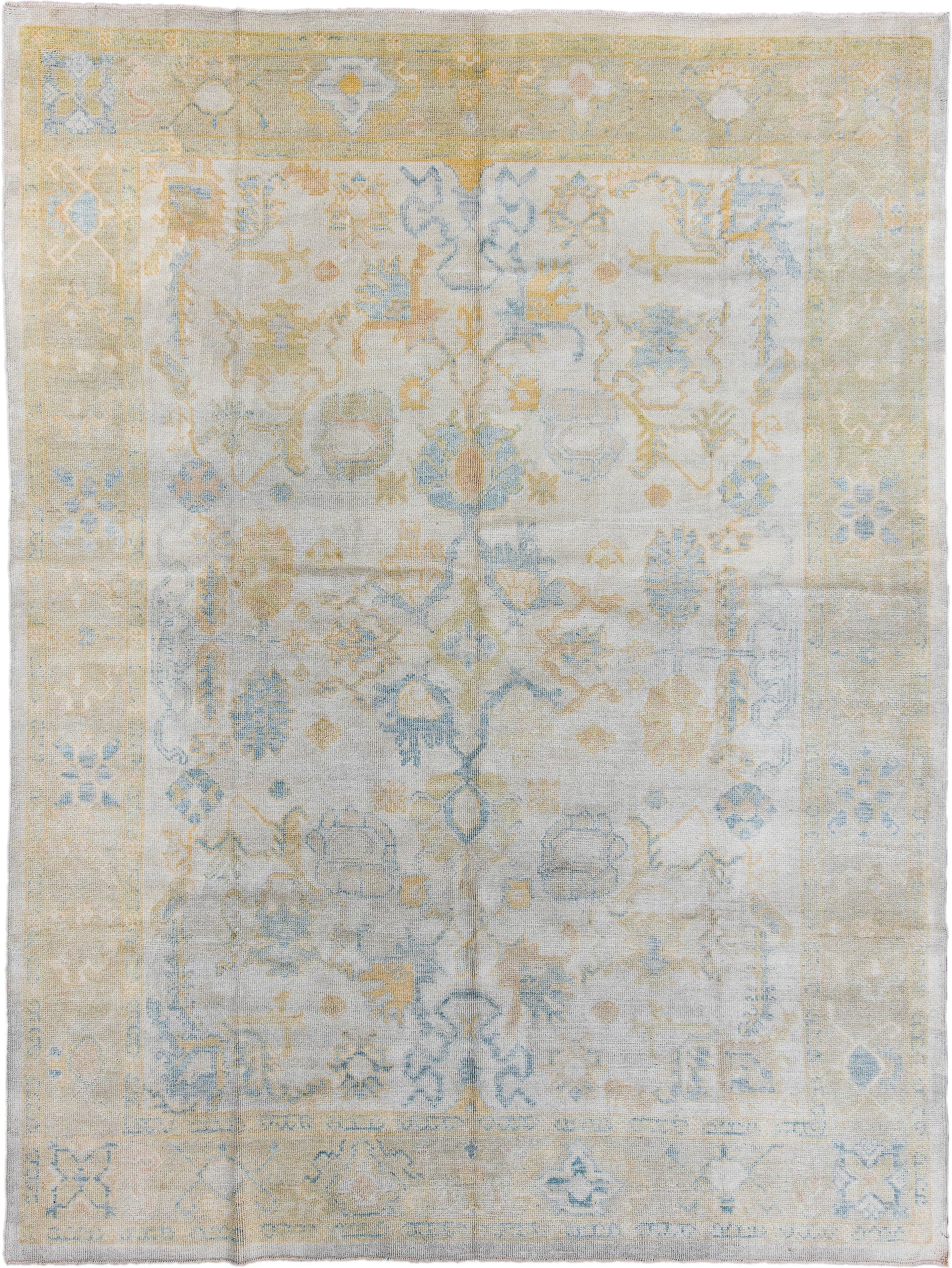 8' x 10' one-of-a-kind handmade vintage Oushak large size rug. Color palette: ivory, pale blue, gold, cream, beige