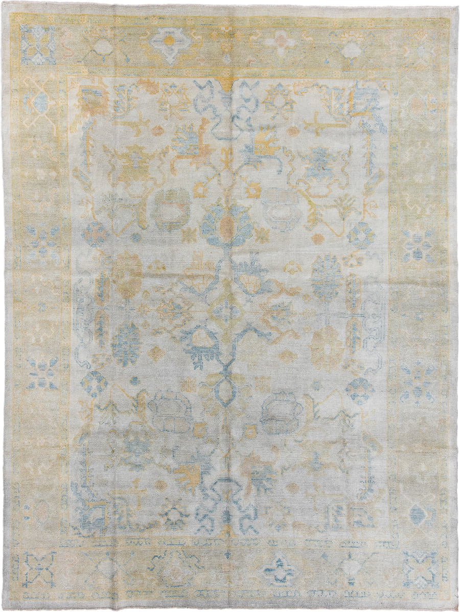 8' x 10' one-of-a-kind handmade vintage Oushak large size rug. Color palette: ivory, pale blue, gold, cream, beige