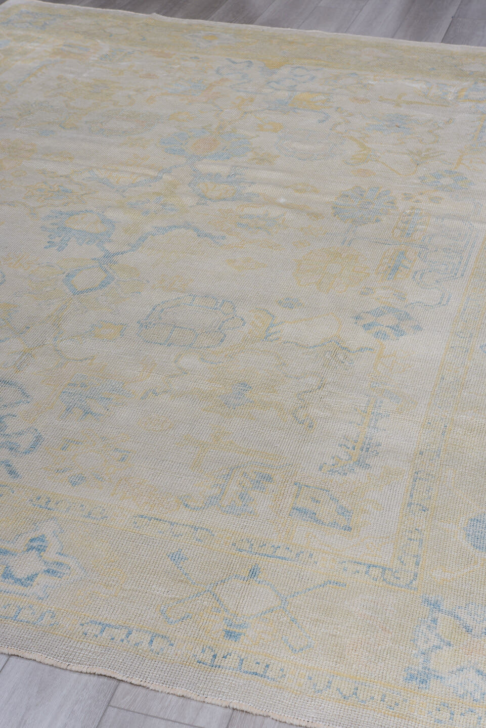 8' x 10' one-of-a-kind handmade vintage Oushak large size rug. Color palette: ivory, pale blue, gold, cream, beige