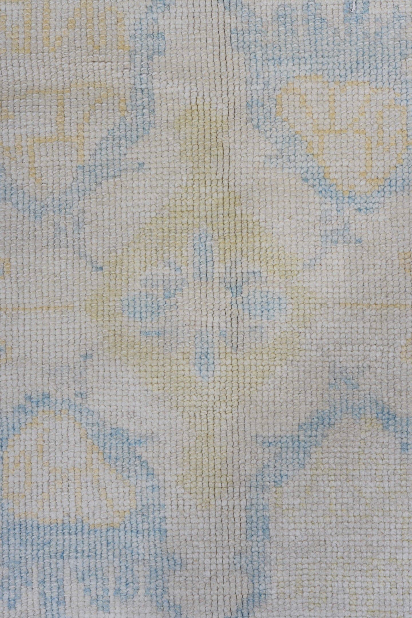 8' x 10' one-of-a-kind handmade vintage Oushak large size rug. Color palette: ivory, pale blue, gold, cream, beige