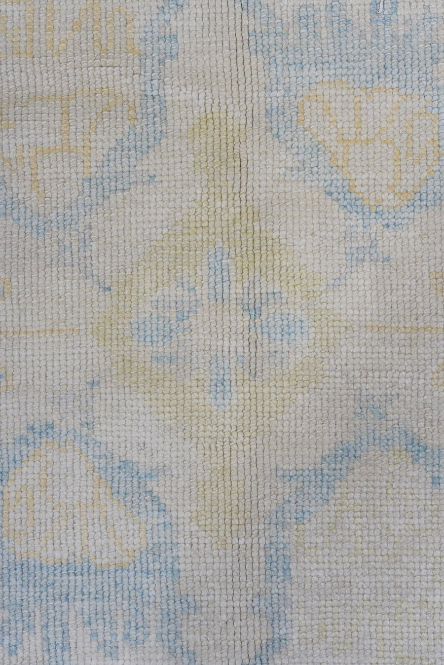 8' x 10' one-of-a-kind handmade vintage Oushak large size rug. Color palette: ivory, pale blue, gold, cream, beige