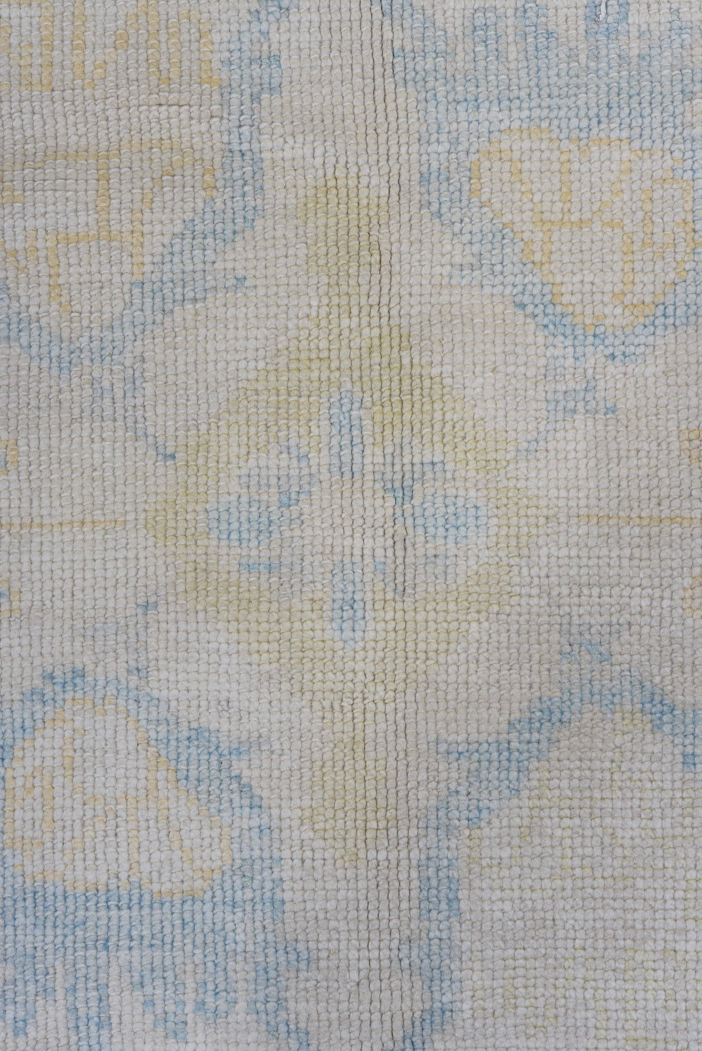 8' x 10' one-of-a-kind handmade vintage Oushak large size rug. Color palette: ivory, pale blue, gold, cream, beige