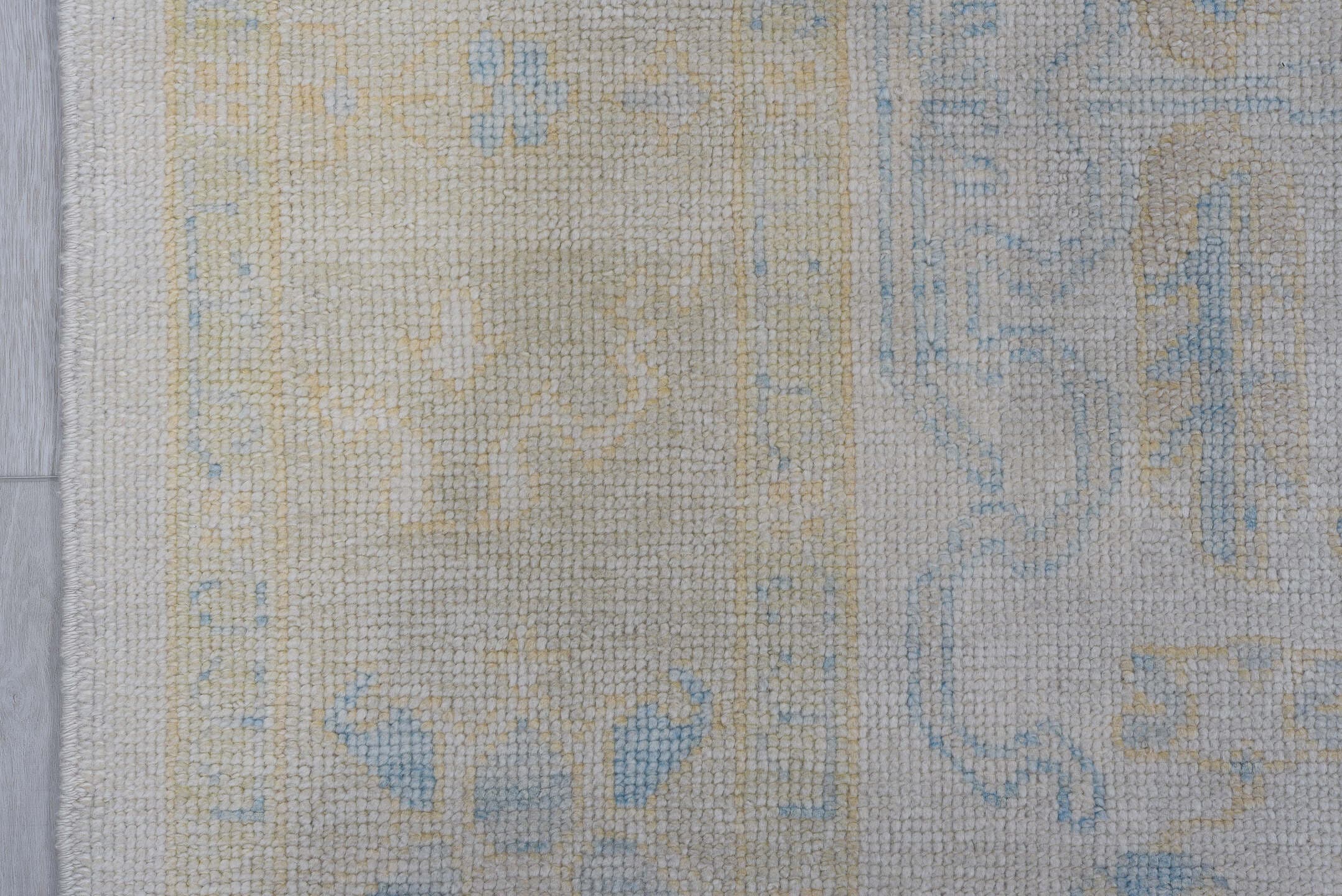 8' x 10' one-of-a-kind handmade vintage Oushak large size rug. Color palette: ivory, pale blue, gold, cream, beige
