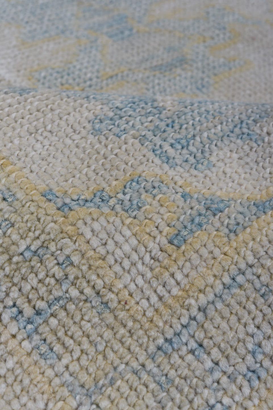 8' x 10' one-of-a-kind handmade vintage Oushak large size rug. Color palette: ivory, pale blue, gold, cream, beige