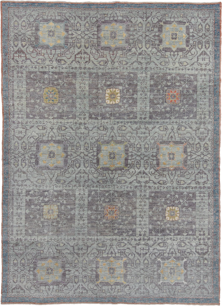 8' x 12' one-of-a-kind handmade vintage Oushak large size rug. Color palette: gray, pale blue, ivory, gold, taupe, rust