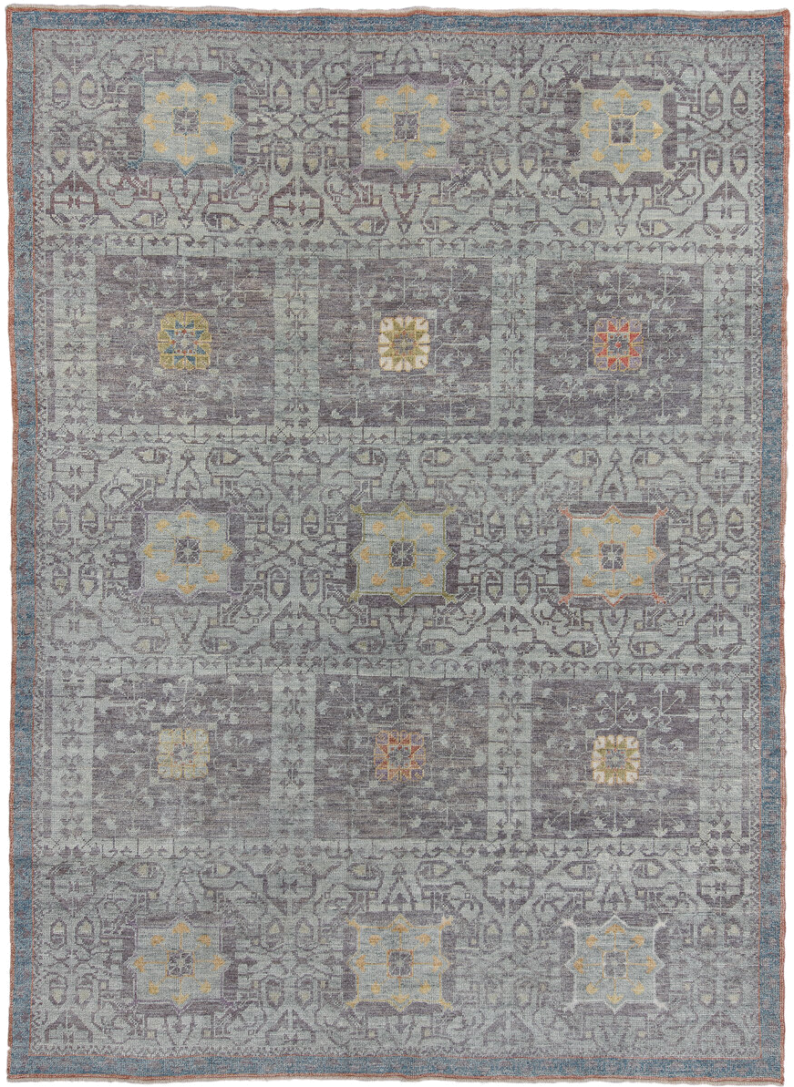 8' x 12' one-of-a-kind handmade vintage Oushak large size rug. Color palette: gray, pale blue, ivory, gold, taupe, rust