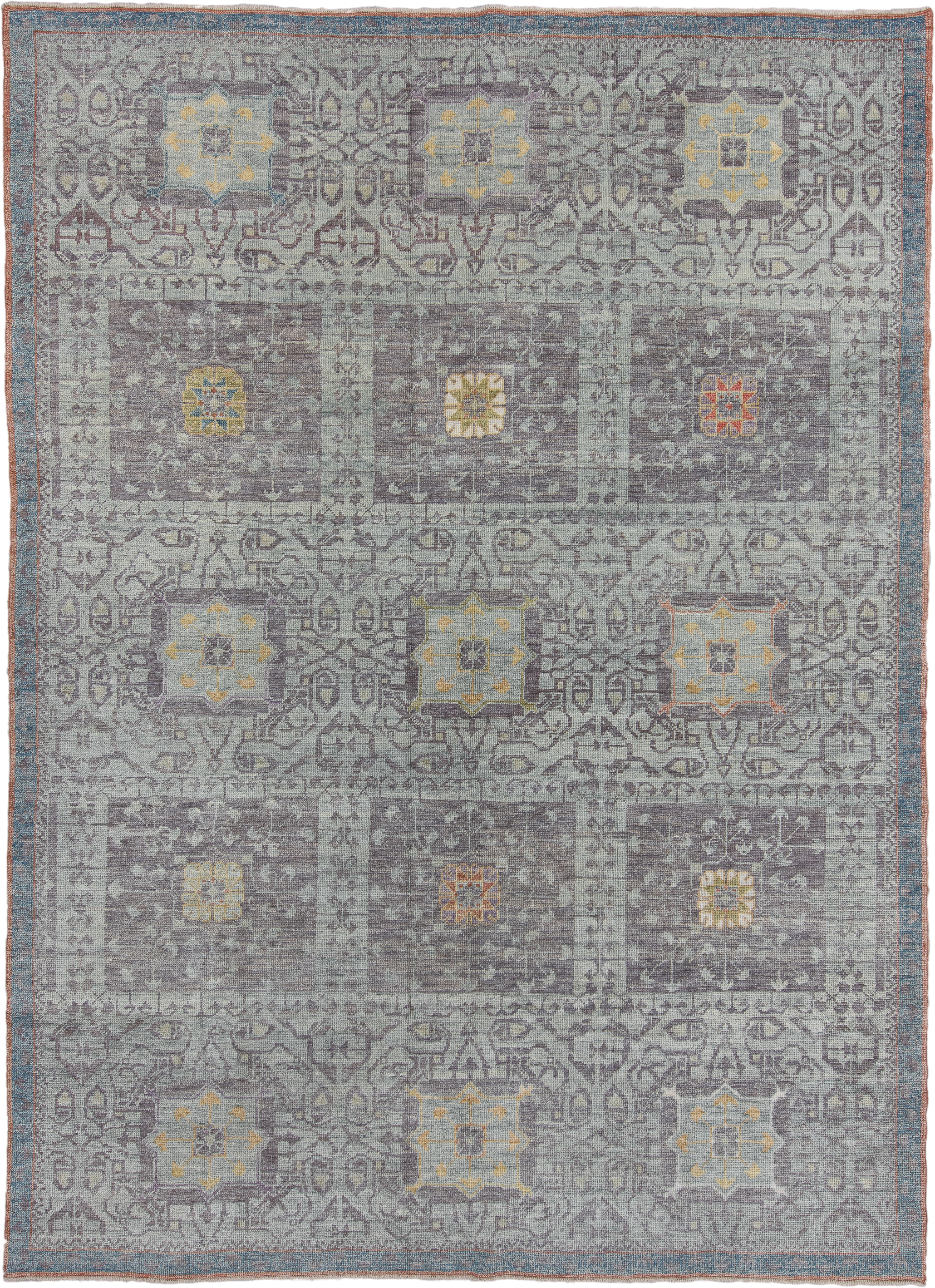8' x 12' one-of-a-kind handmade vintage Oushak large size rug. Color palette: gray, pale blue, ivory, gold, taupe, rust