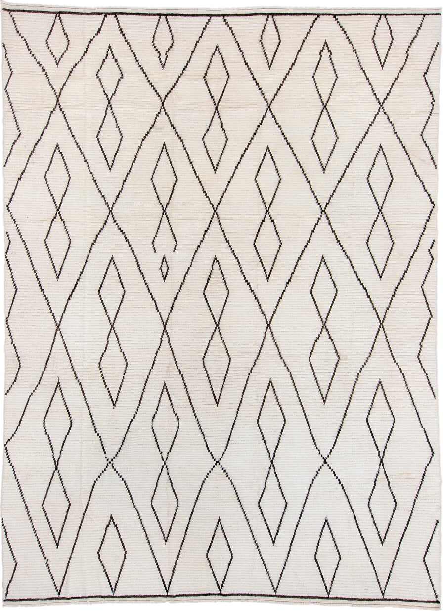 9' x 13' one-of-a-kind handmade vintage Tulu large size rug. Color palette: ivory, dark_brown, brown