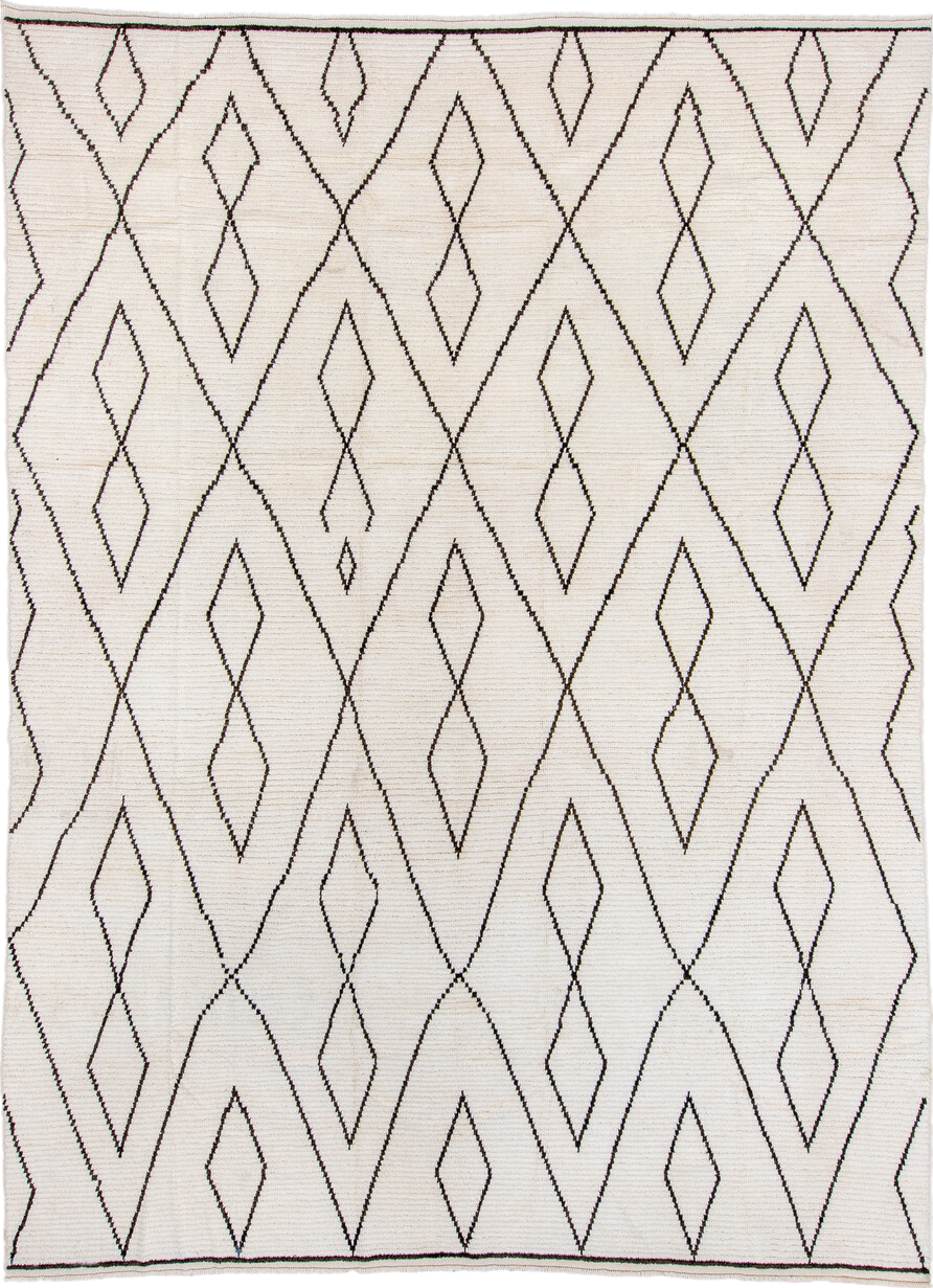 9' x 13' one-of-a-kind handmade vintage Tulu large size rug. Color palette: ivory, dark_brown, brown