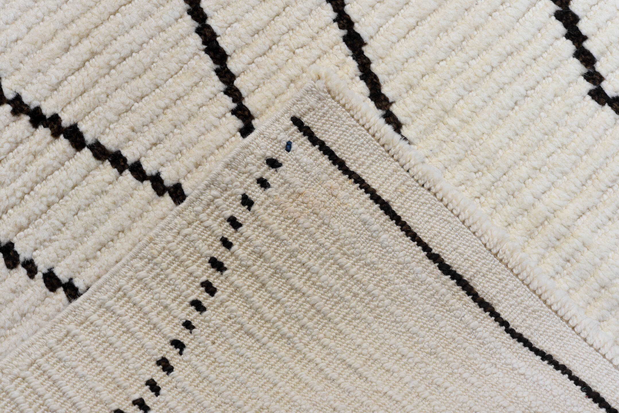 9' x 13' one-of-a-kind handmade vintage Tulu large size rug. Color palette: black, brown, gray, light gray, linen, off-white