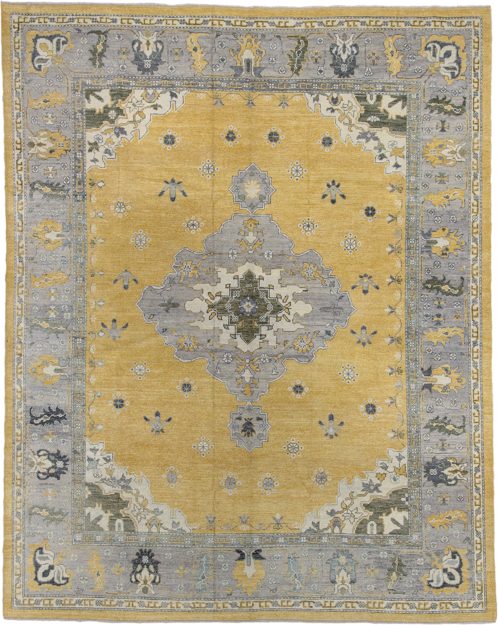 10' x 13' one-of-a-kind handmade vintage Oushak large size rug. Color palette: gold, gray, ivory, slate, olive, charcoal