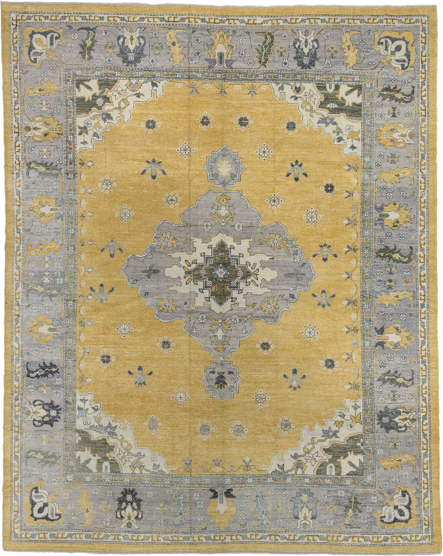 10' x 13' one-of-a-kind handmade vintage Oushak large size rug. Color palette: gold, gray, ivory, slate, olive, charcoal