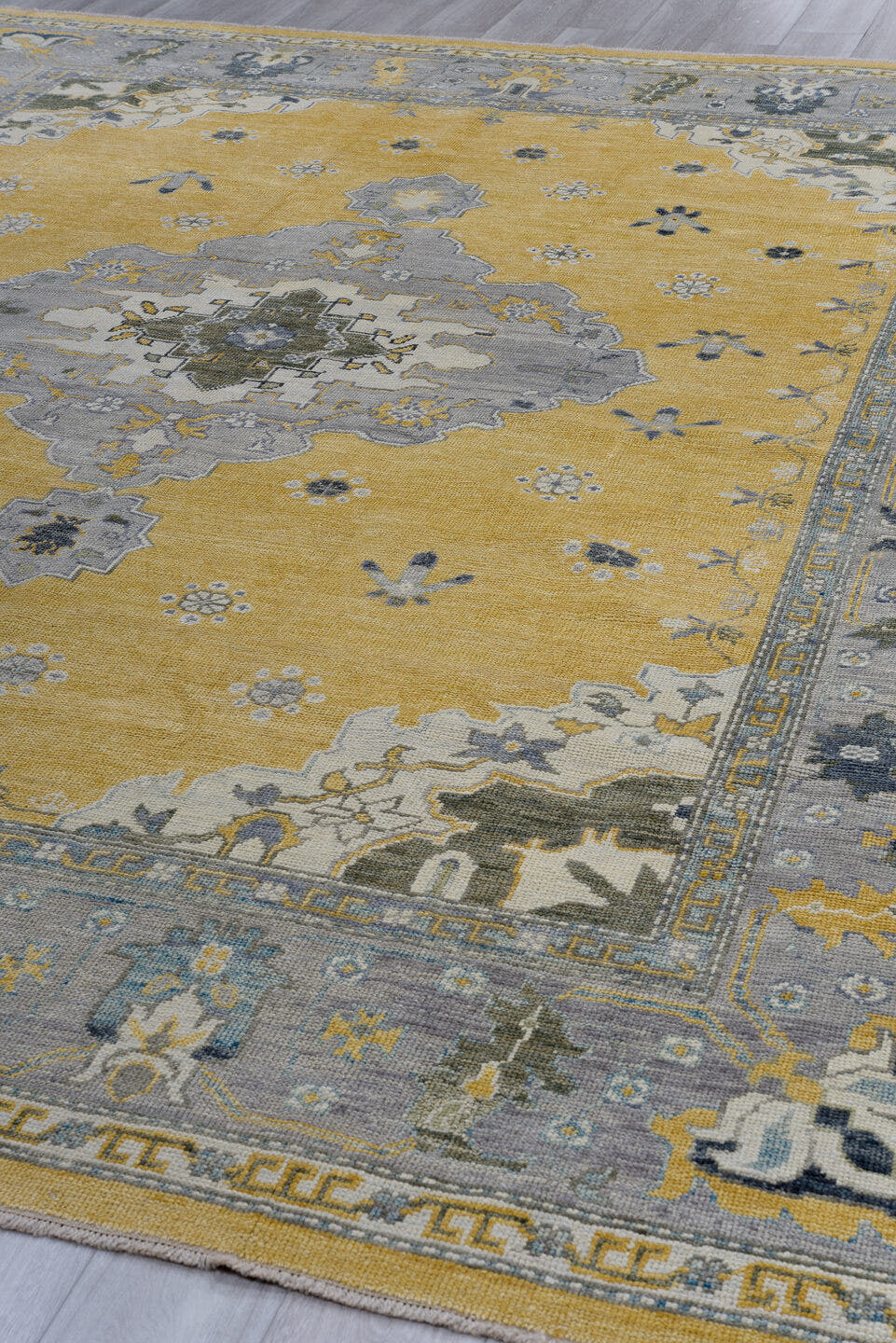 10' x 13' one-of-a-kind handmade vintage Oushak large size rug. Color palette: gold, gray, ivory, slate, olive, charcoal