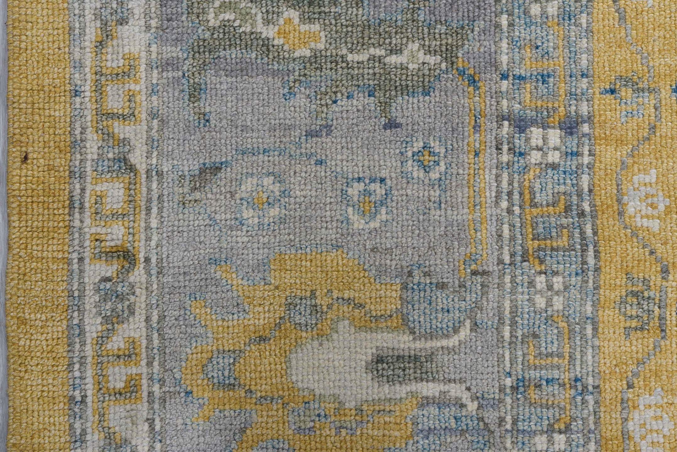 10' x 13' one-of-a-kind handmade vintage Oushak large size rug. Color palette: gold, gray, ivory, slate, olive, charcoal