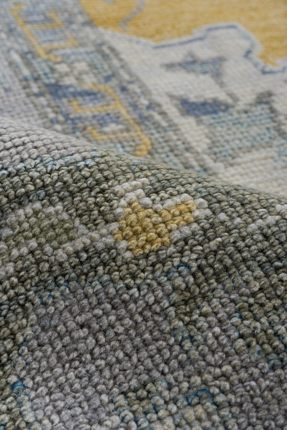 10' x 13' one-of-a-kind handmade vintage Oushak large size rug. Color palette: gold, gray, ivory, slate, olive, charcoal