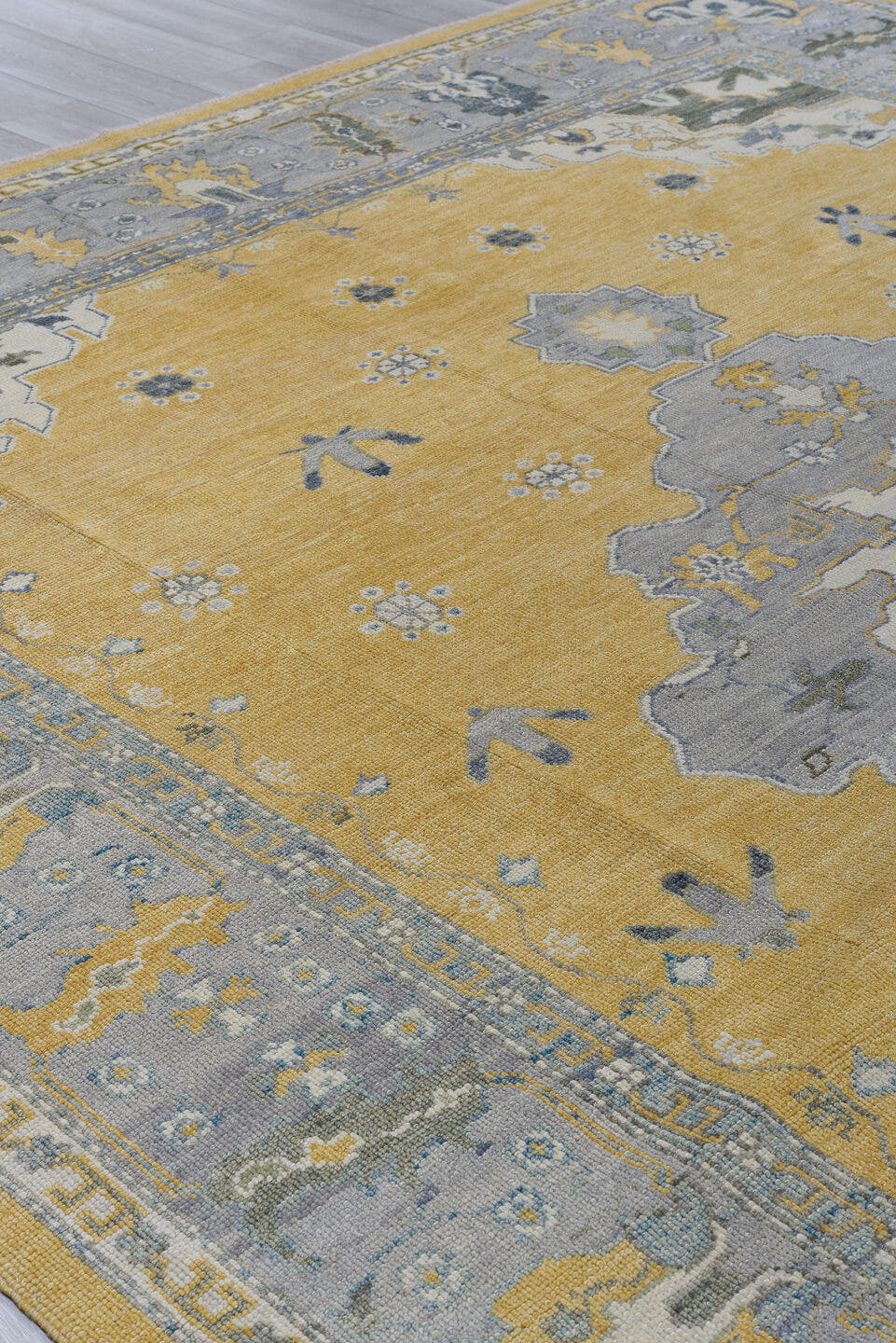 10' x 13' one-of-a-kind handmade vintage Oushak large size rug. Color palette: gold, gray, ivory, slate, olive, charcoal