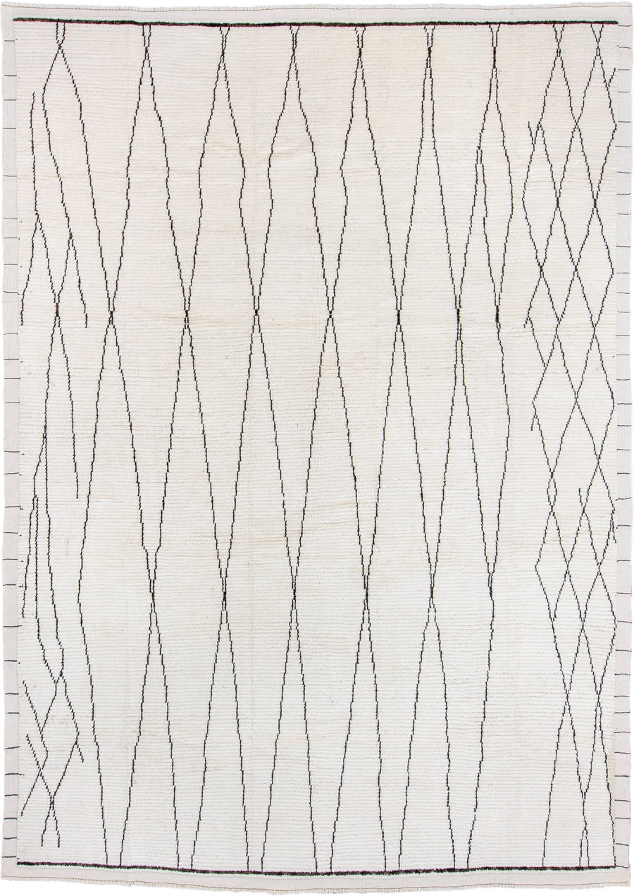 9' x 13' one-of-a-kind handmade vintage Tulu large size rug. Color palette: ivory, charcoal, gray, black